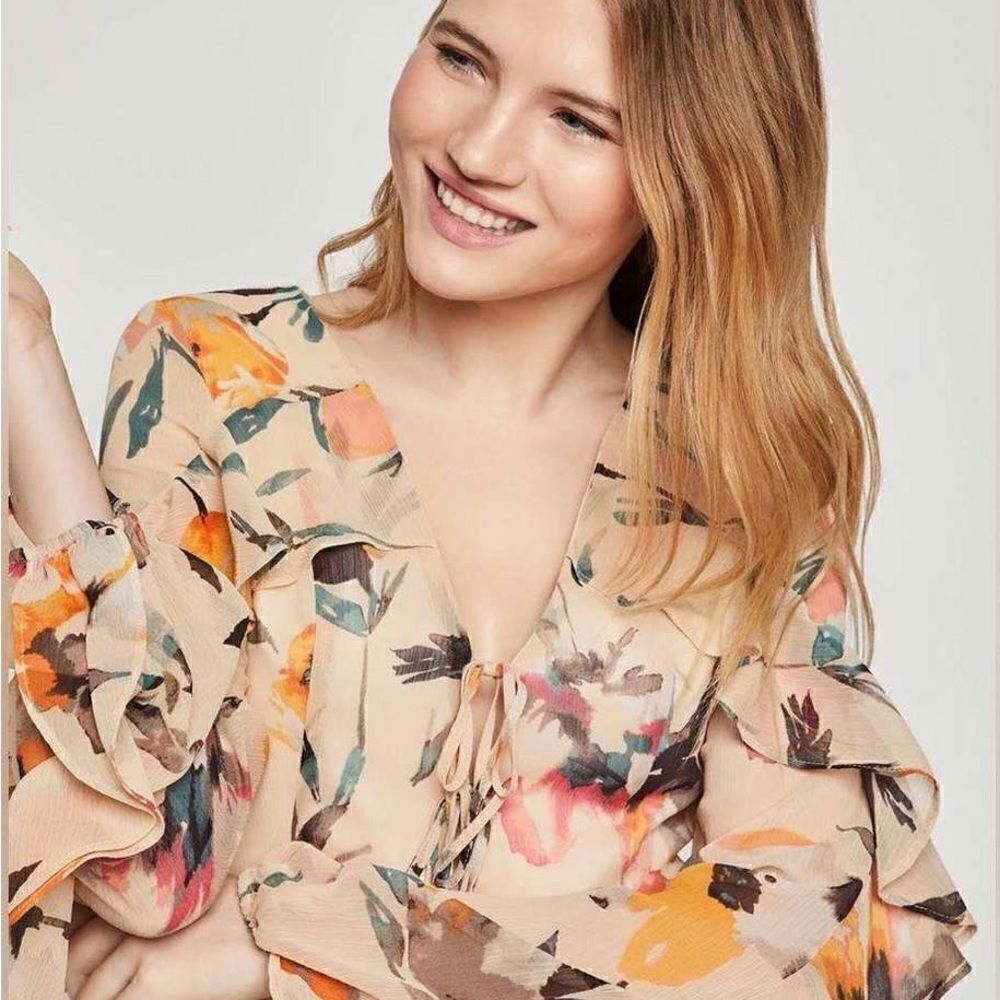 BCBGeneration Floral Ruffle Mini Dress Sheer Long Sleeve Boho Size 4 - Picture 5 of 15